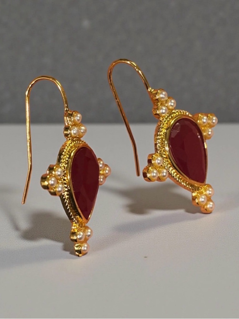 Gold Teardrop Pearl Accent Earrings in Deep Ruby Red - Picture 7 of 7